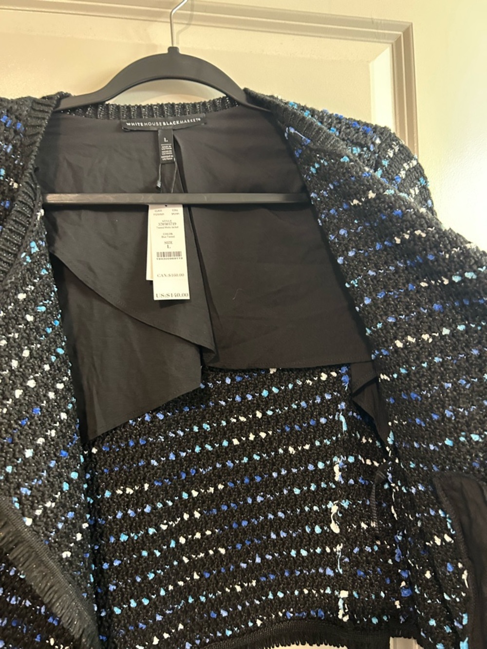 White House Black Market Black and Blue Tweed Open Front Jacket - Picture 5 of 7